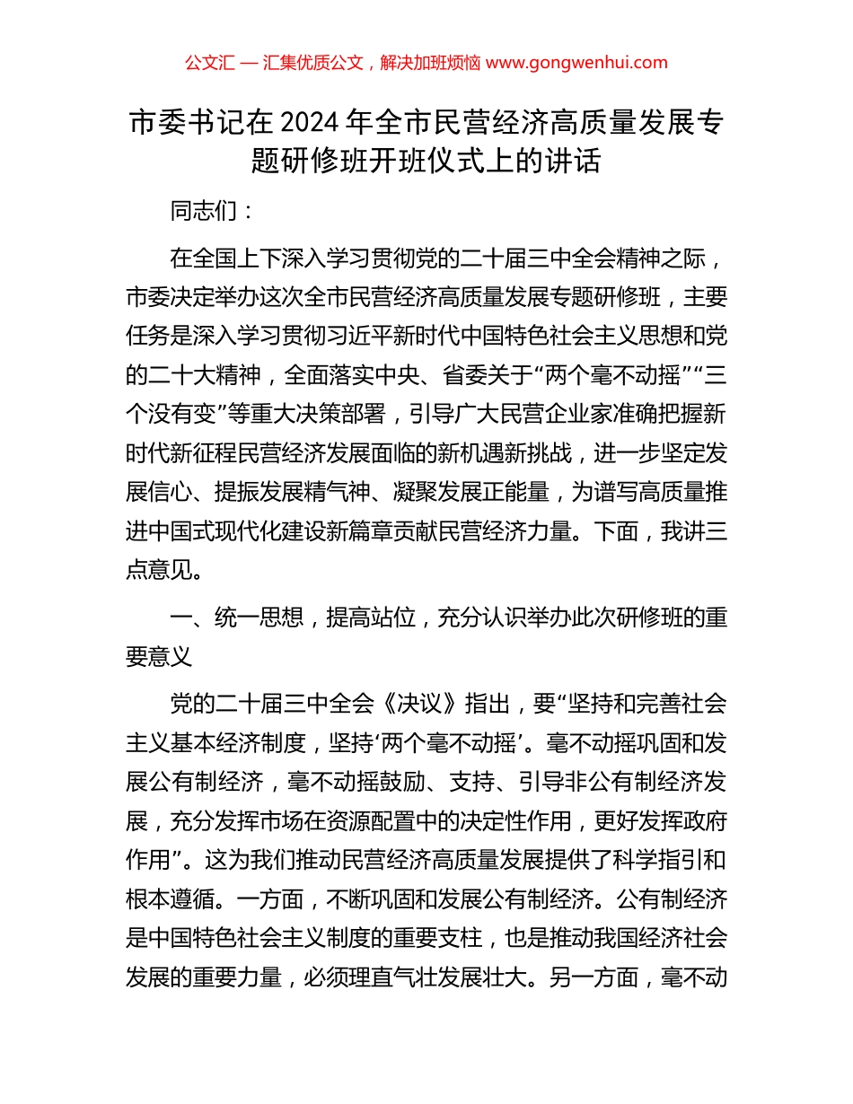 市委书记在2024年全市民营经济高质量发展专题研修班开班仪式上的讲话.docx_第1页
