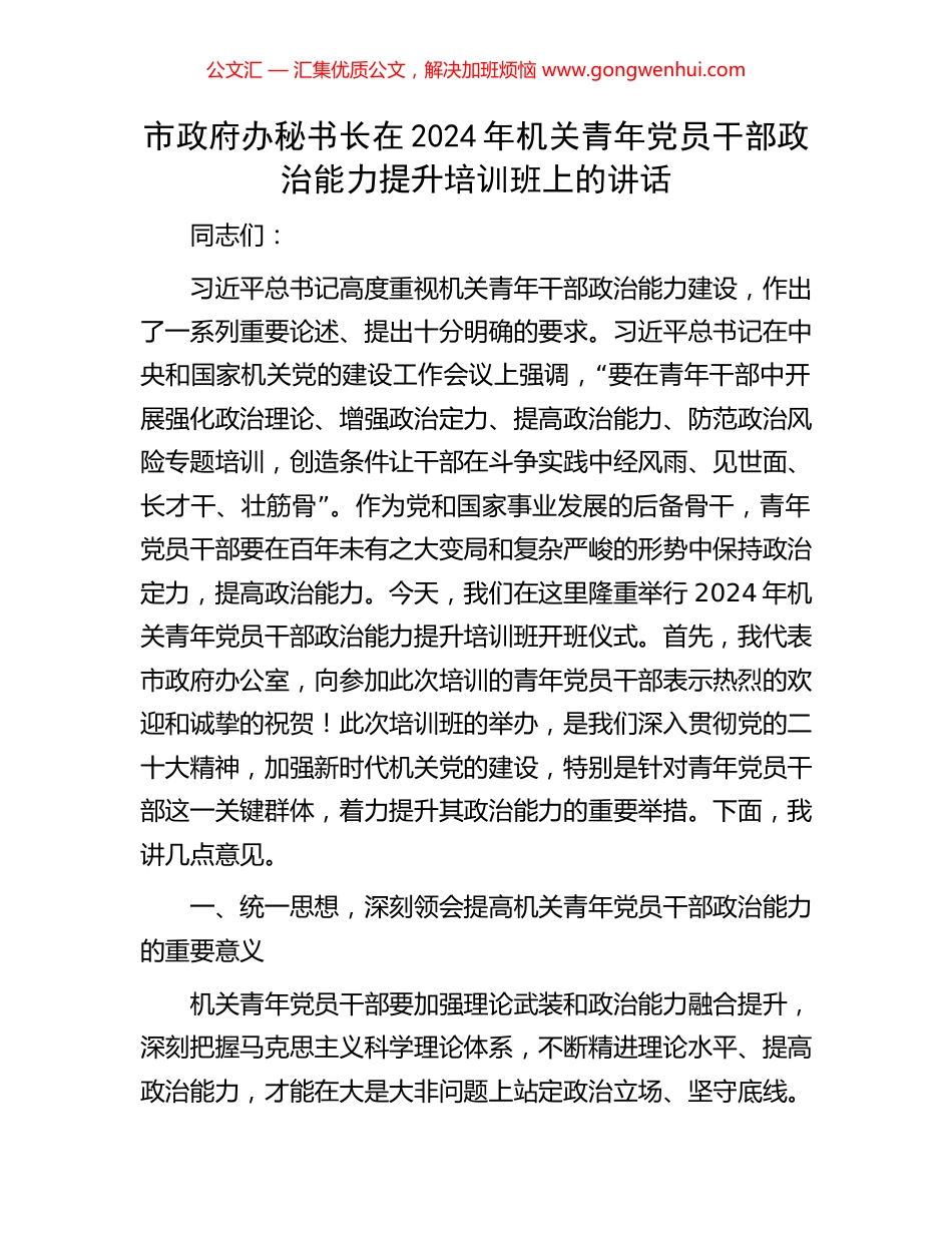 市政府办秘书长在2024年机关青年党员干部政治能力提升培训班上的讲话.docx_第1页