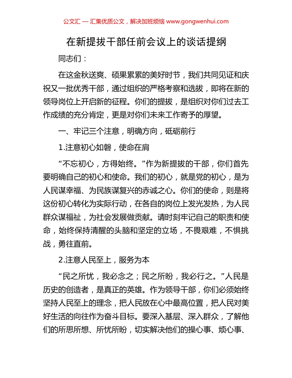 在新提拔干部任前会议上的谈话提纲_第1页