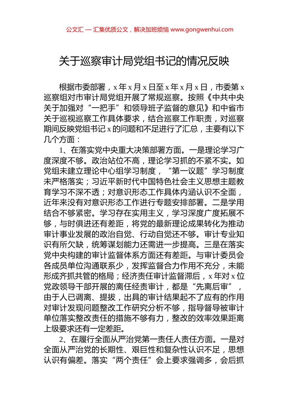关于巡察审计局党组书记的情况反映_第1页