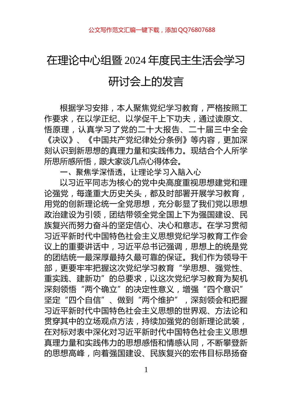 在理论中心组暨2024年度民主生活会学习研讨会上的发言_第1页