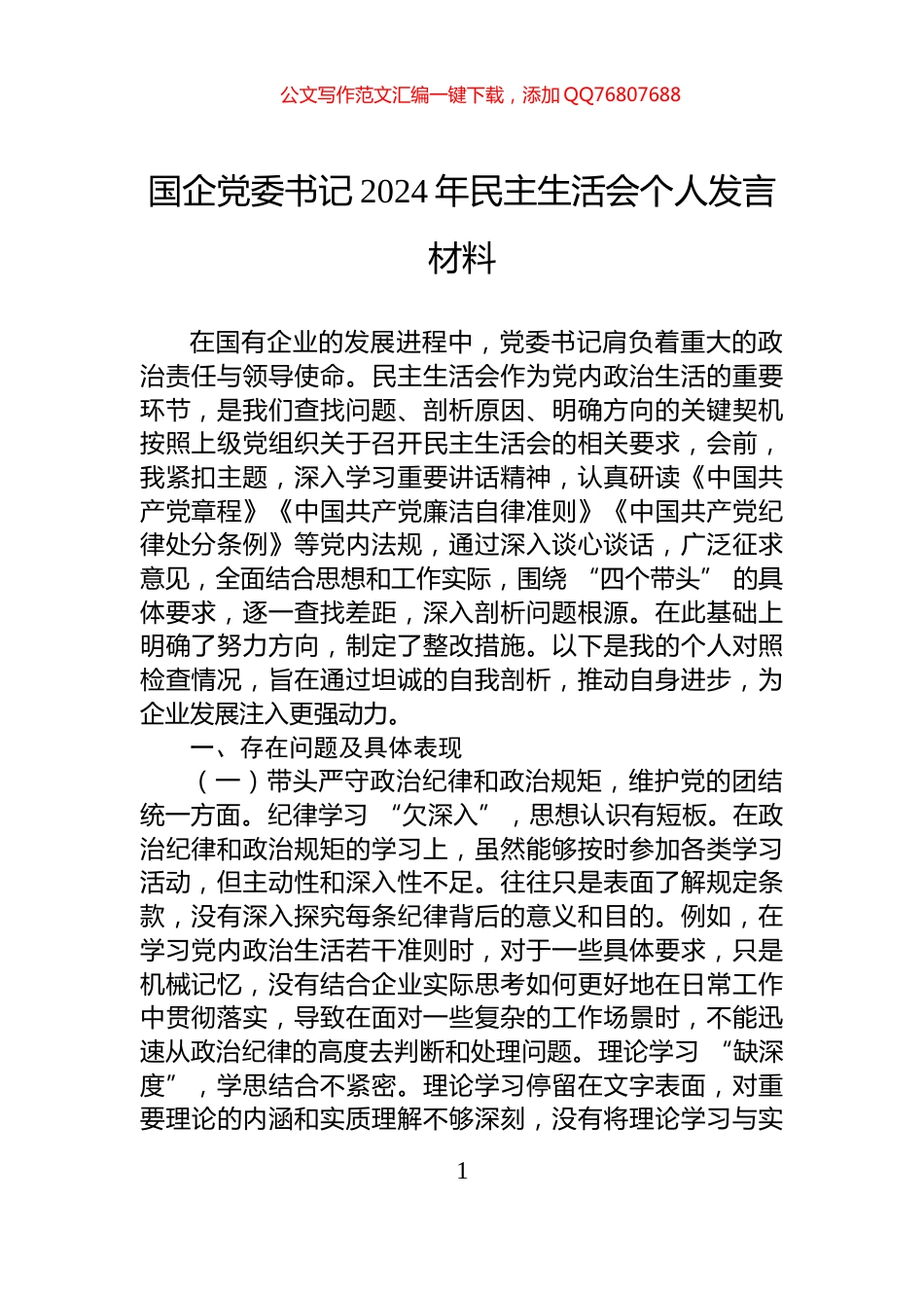 国企党委书记2024年民主生活会个人发言材料_第1页