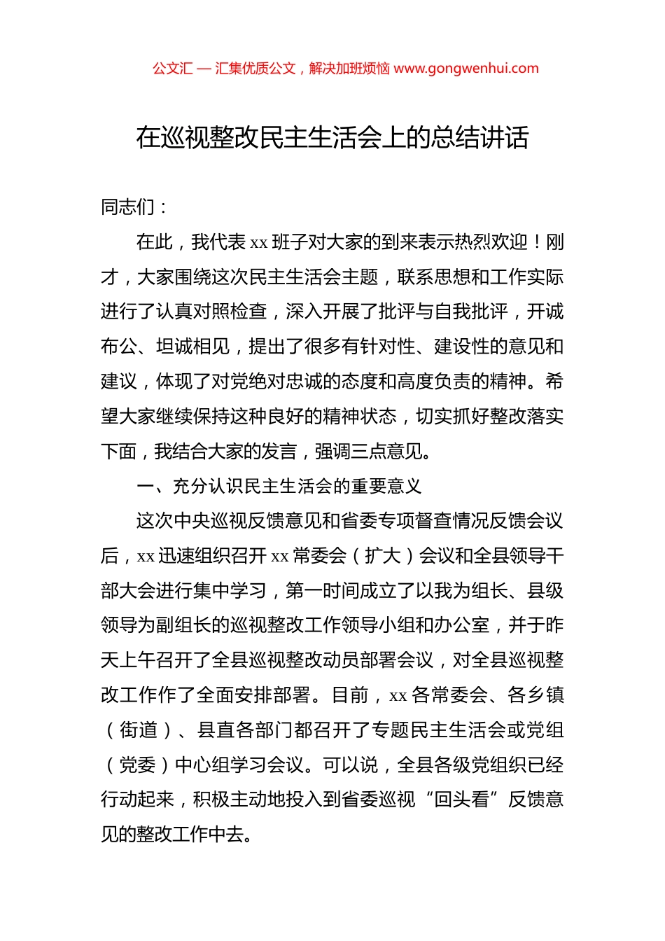 在巡视整改民主生活会上的总结讲话_第1页