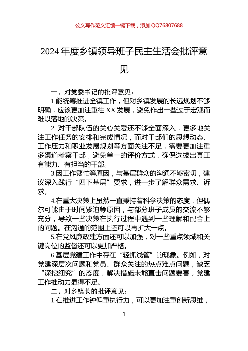 2024年度乡镇领导班子民主生活会批评意见_第1页