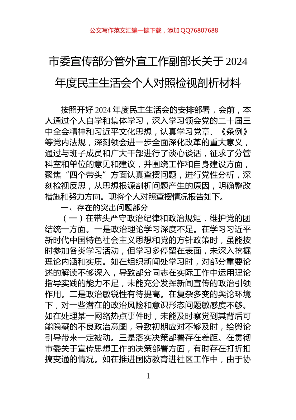 市委宣传部分管外宣工作副部长关于2024年度民主生活会个人对照检视剖析材料_第1页