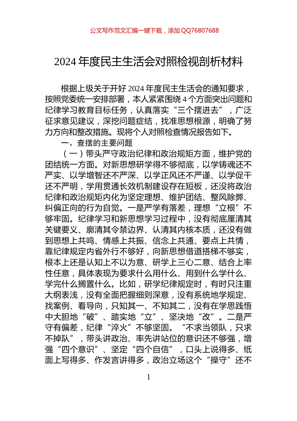 2024年度民主生活会对照检视剖析材料_第1页