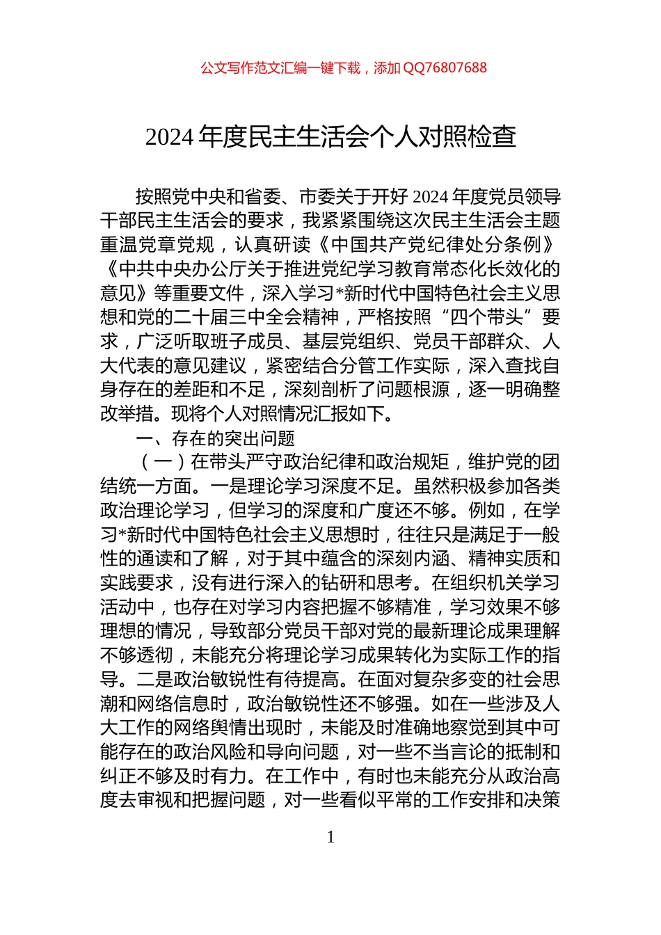 2024年度民主生活会个人对照检查_第1页
