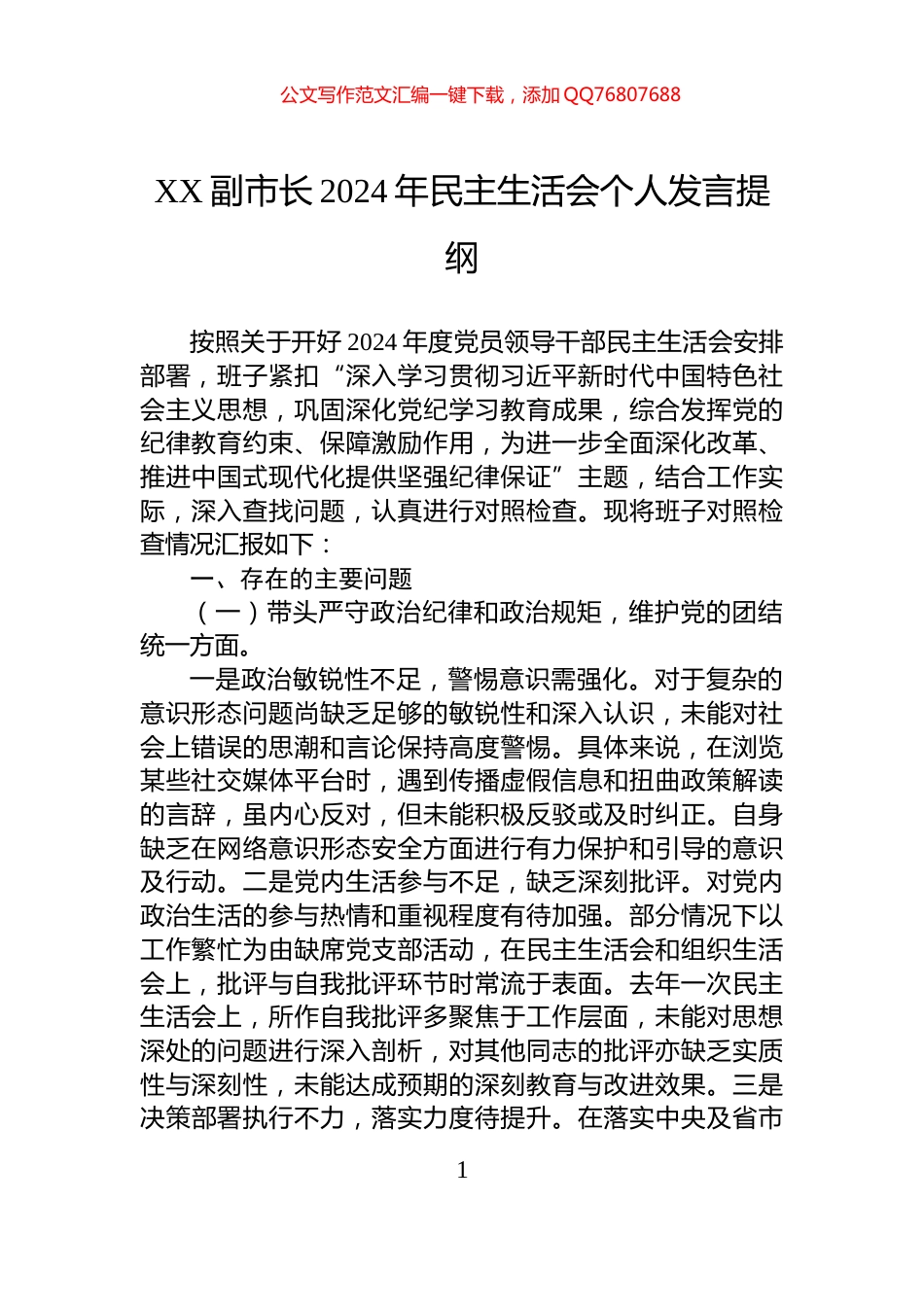 XX副市长2024年民主生活会个人发言提纲_第1页