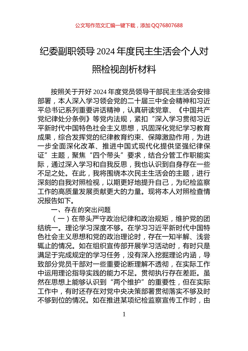 纪委副职领导2024年度民主生活会个人对照检视剖析材料_第1页