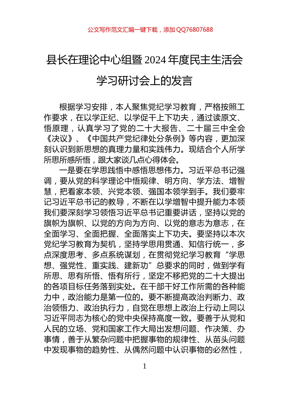 县长在理论中心组暨2024年度民主生活会学习研讨会上的发言_第1页