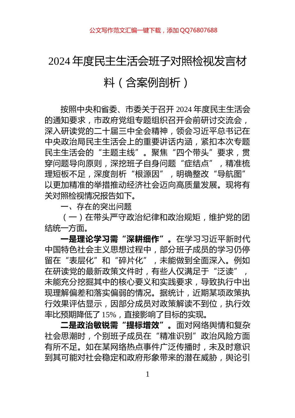 2024年度民主生活会班子对照检视发言材料（含案例剖析）_第1页