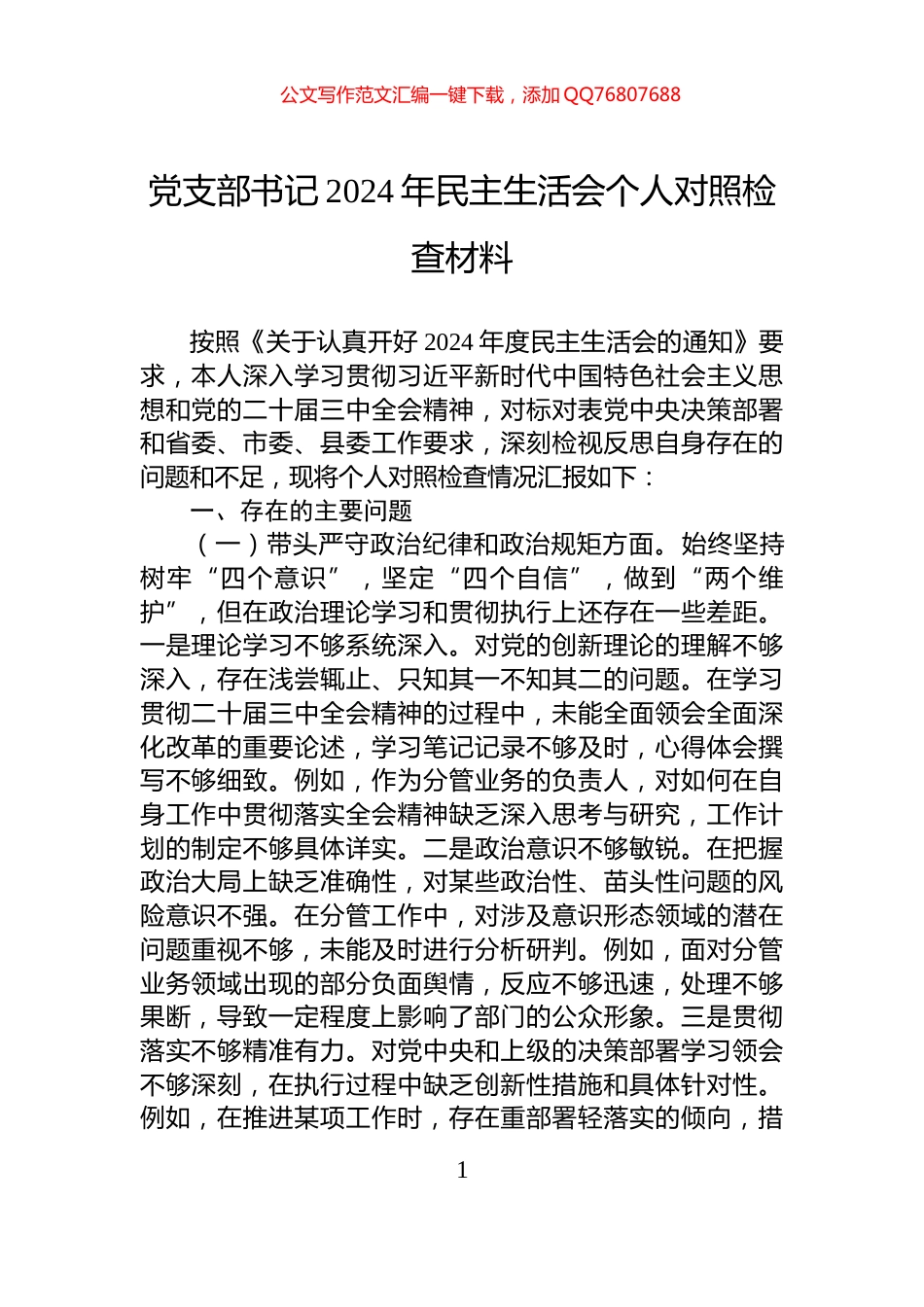 党支部书记2024年民主生活会个人对照检查材料_第1页