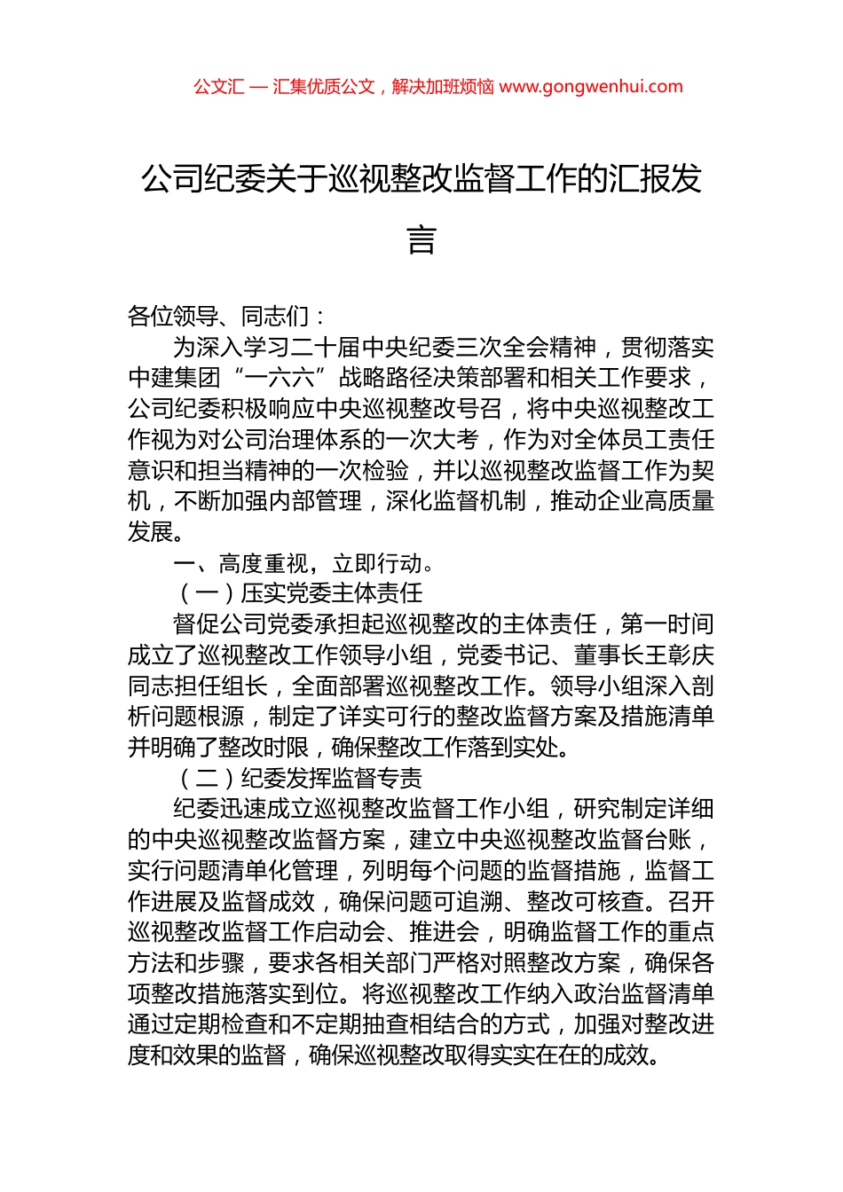 公司纪委关于巡视整改监督工作的汇报发言 (2)_第1页