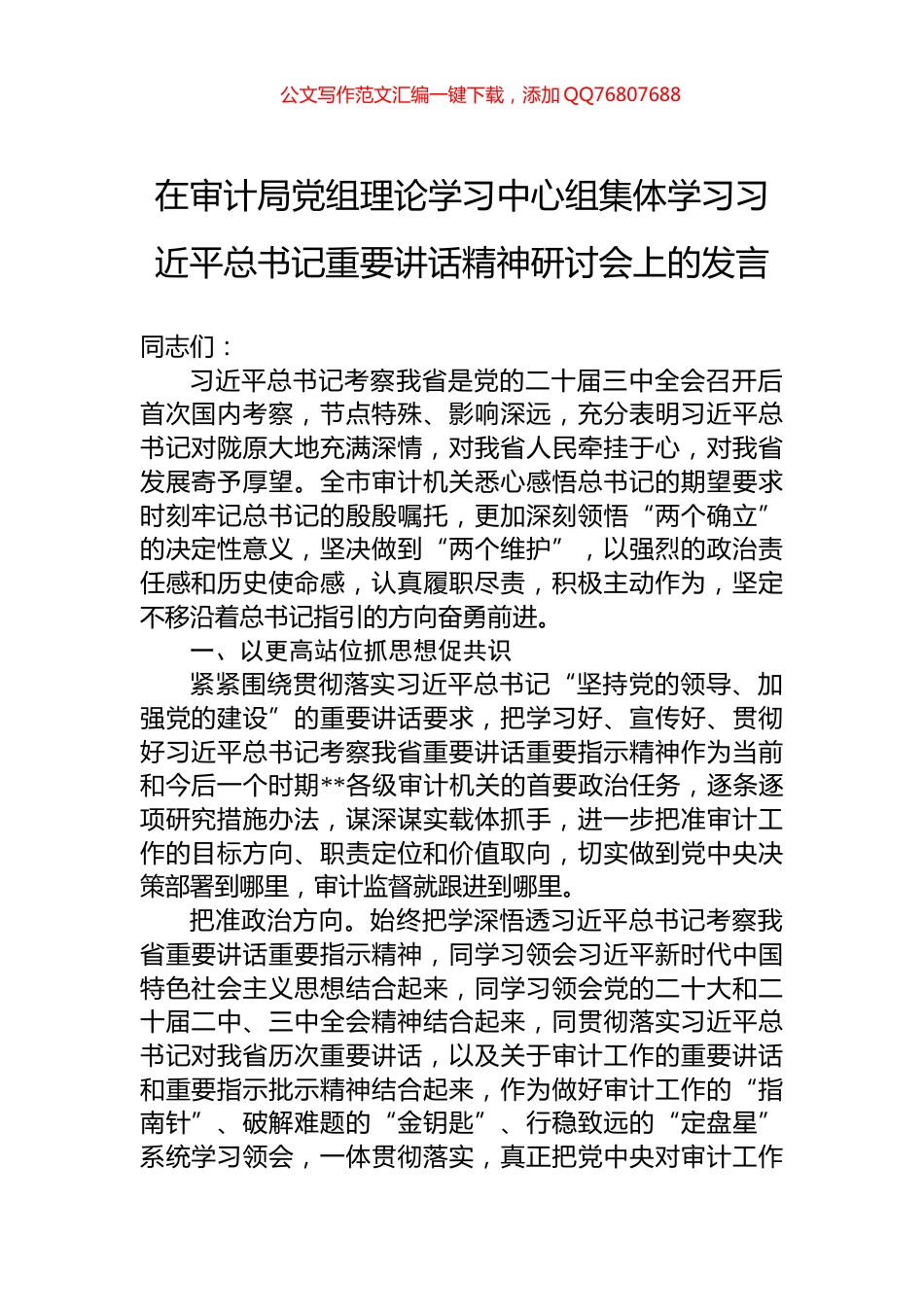 在审计局党组理论学习中心组集体学习习近平总书记重要讲话精神研讨会上的发言_第1页