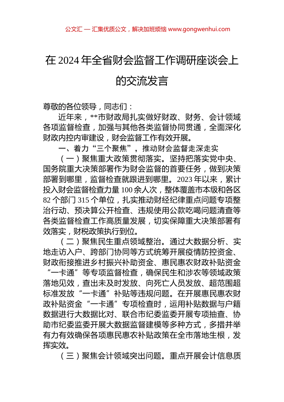 在2024年全省财会监督工作调研座谈会上的交流发言_第1页