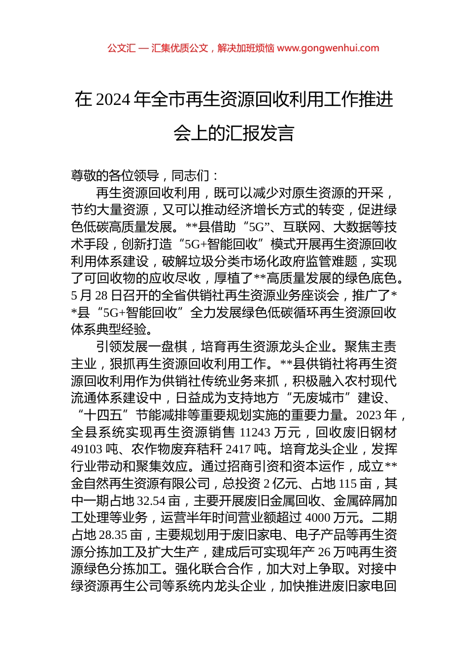 在2024年全市再生资源回收利用工作推进会上的汇报发言_第1页