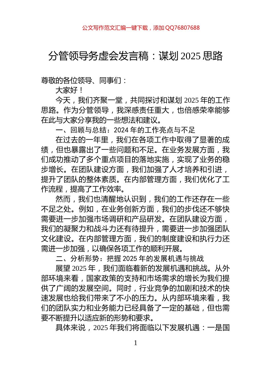 分管领导务虚会发言稿：谋划2025思路_第1页
