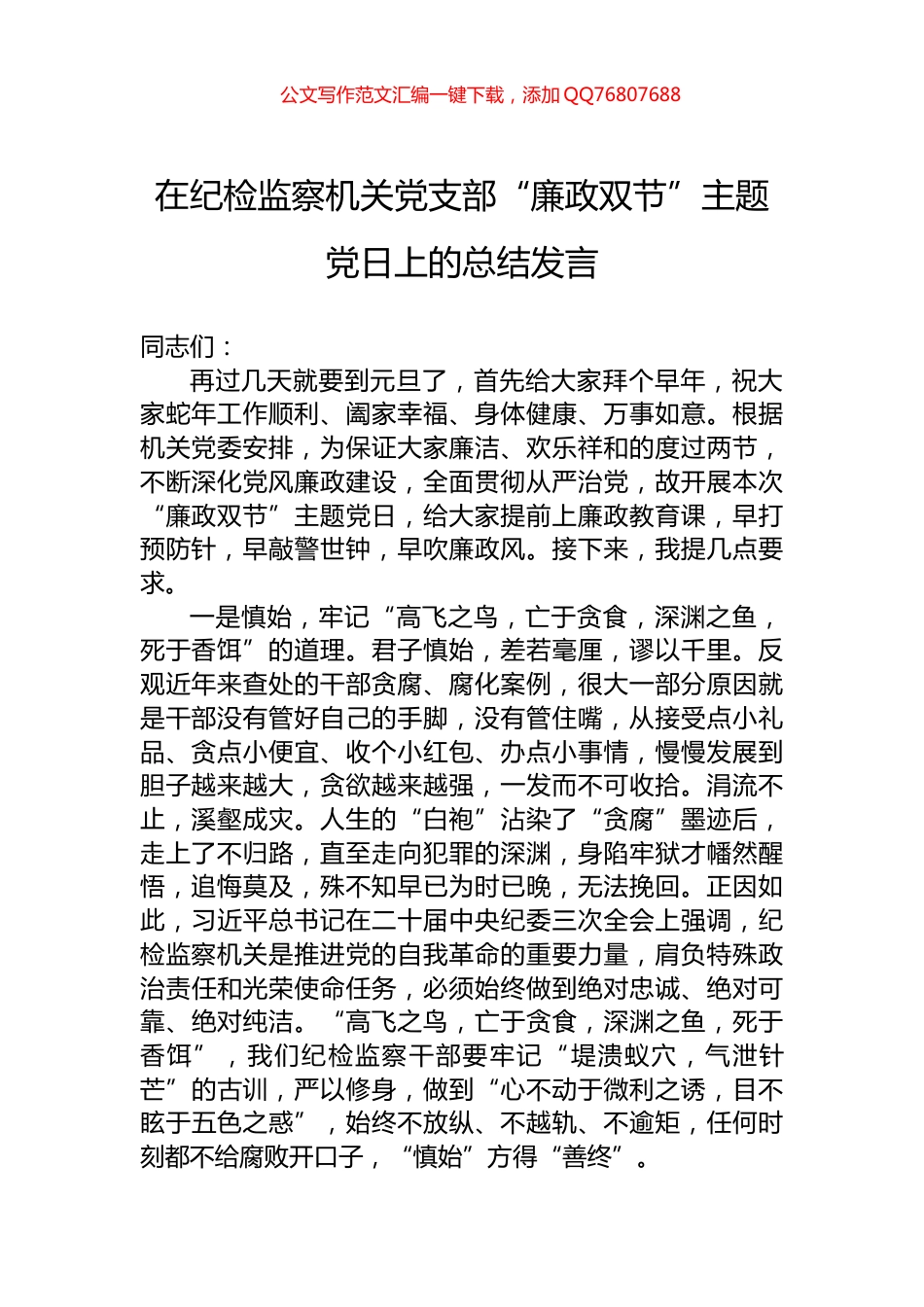 在纪检监察机关党支部“廉政双节”主题党日上的总结发言_第1页