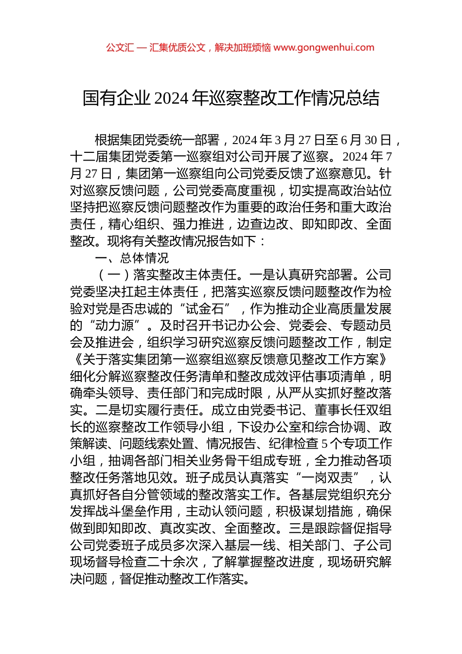 国有企业2024年巡察整改工作情况总结_第1页