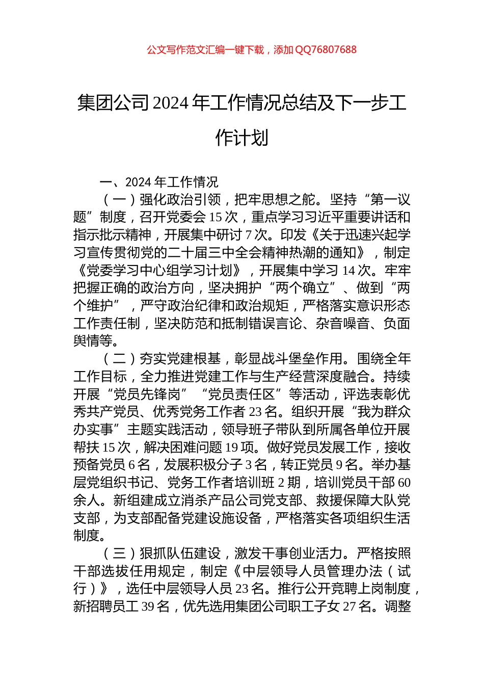 集团公司2024年工作情况总结及下一步工作计划_第1页