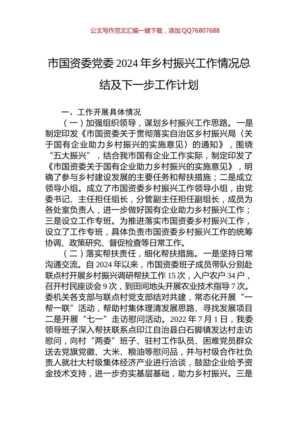 市国资委党委2024年乡村振兴工作情况总结及下一步工作计划_第1页