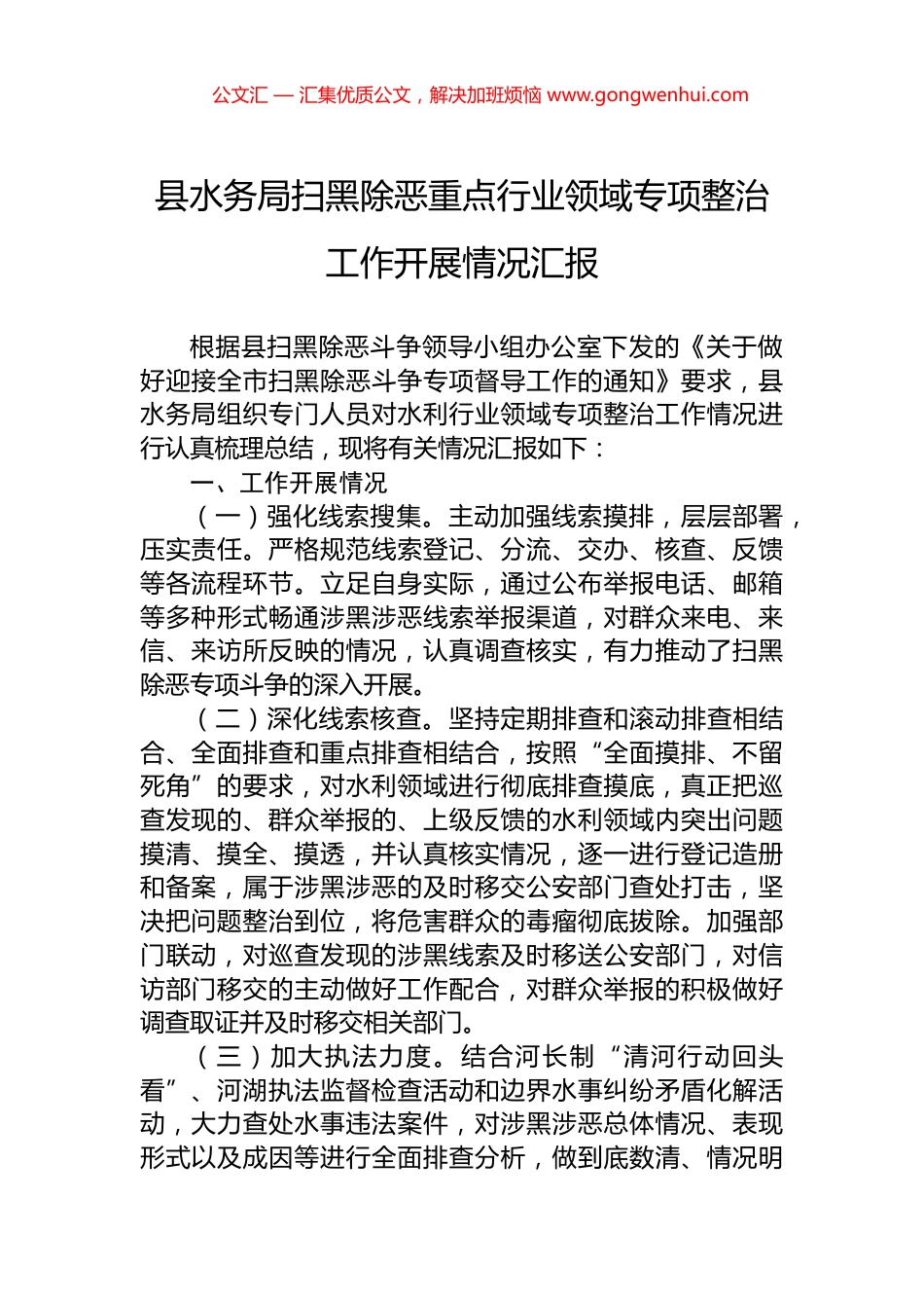 县水务局扫黑除恶重点行业领域专项整治工作开展情况汇报_第1页