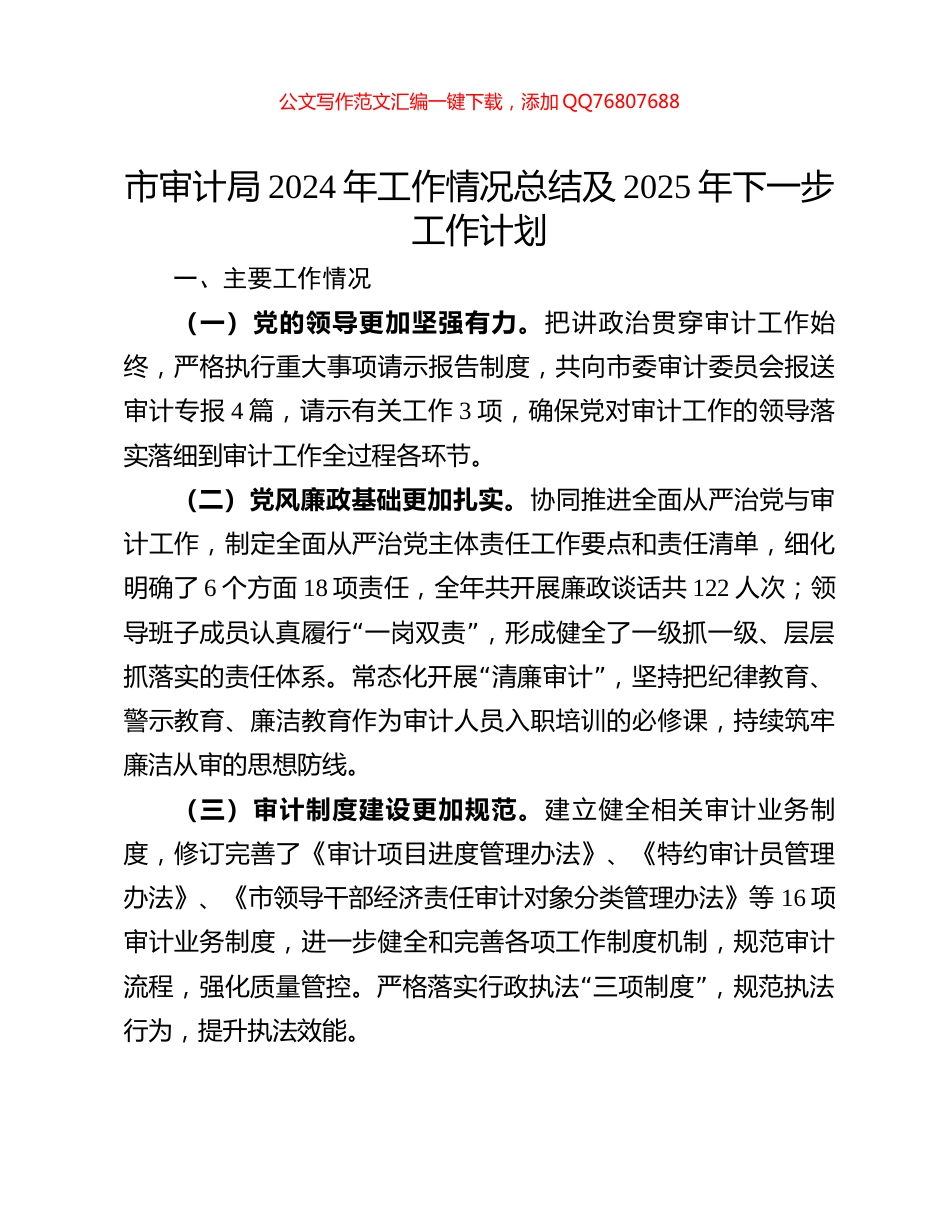 市审计局2024年工作情况总结及2025年下一步工作计划_第1页