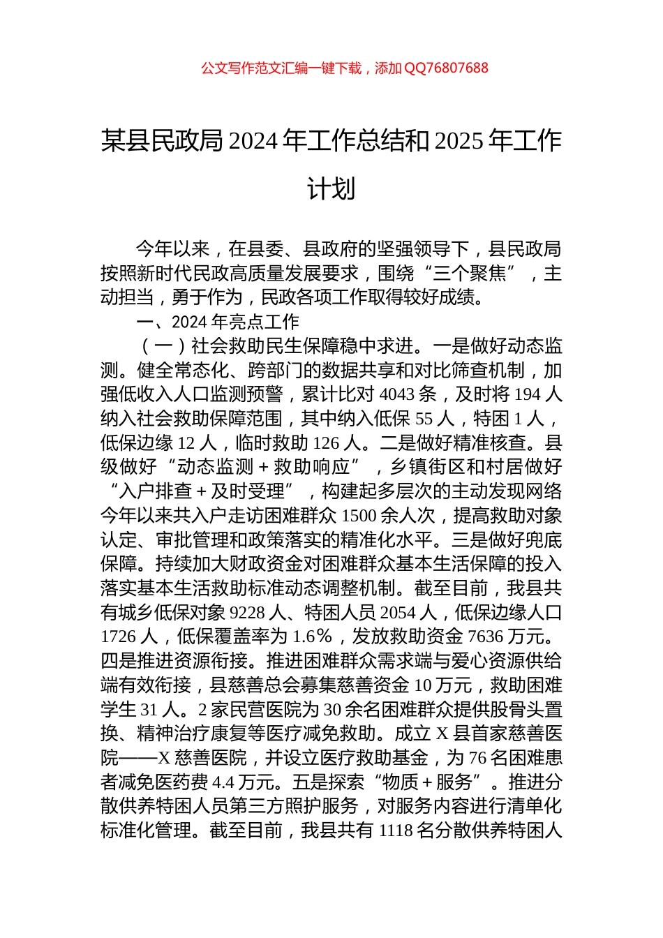 某县民政局2024年工作总结和2025年工作计划_第1页