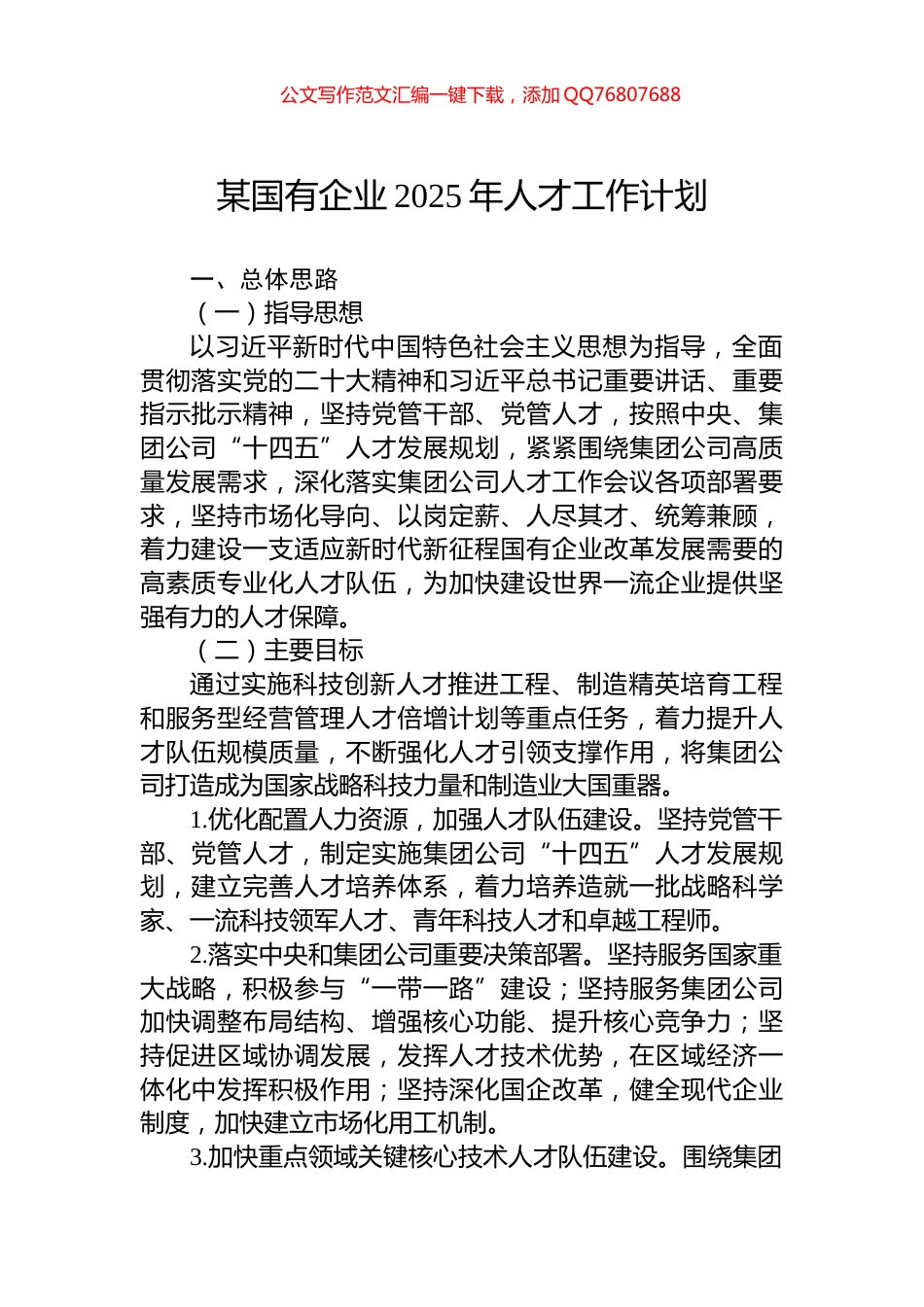 某国有企业2025年人才工作计划_第1页