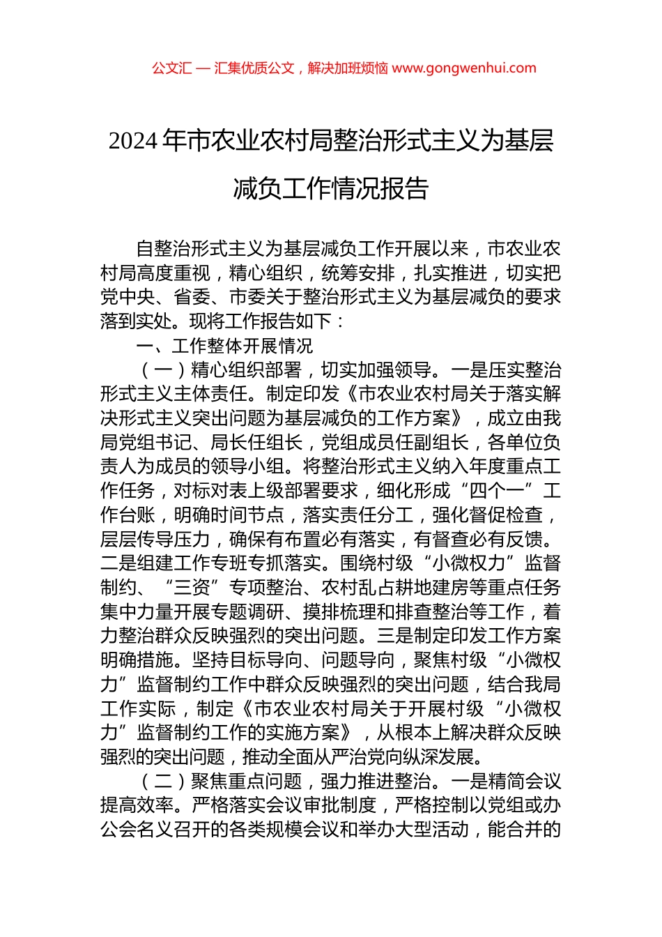 2024年市农业农村局整治形式主义为基层减负工作情况报告_第1页