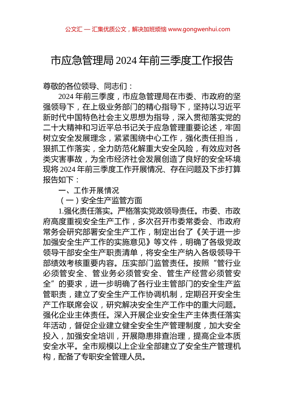 市应急管理局2024年前三季度工作报告_第1页