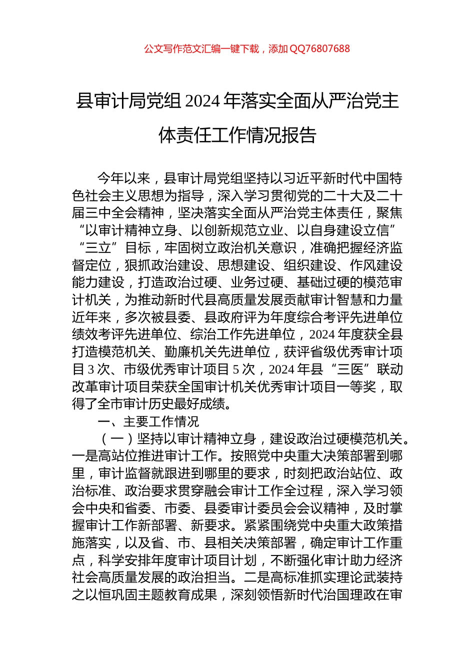 县审计局党组2024年落实全面从严治党主体责任工作情况报告_第1页