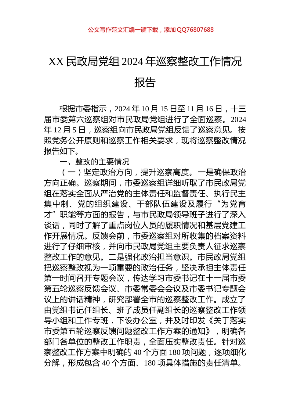 XX民政局党组2024年巡察整改工作情况报告_第1页