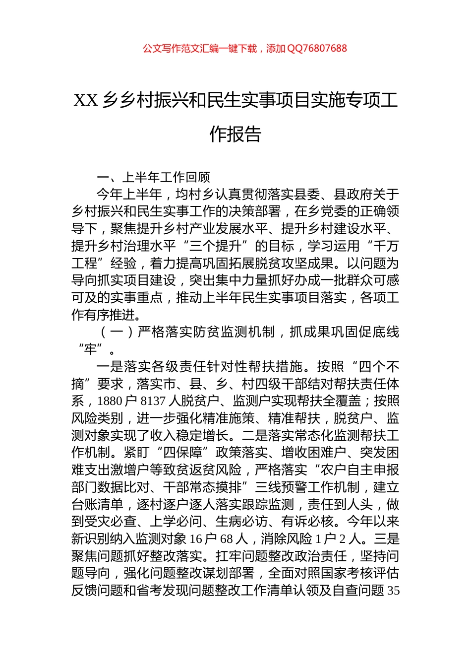 2024年XX乡乡村振兴和民生实事项目实施专项工作报告_第1页