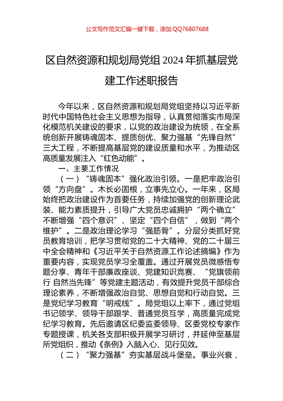 区自然资源和规划局党组2024年抓基层党建工作述职报告_第1页