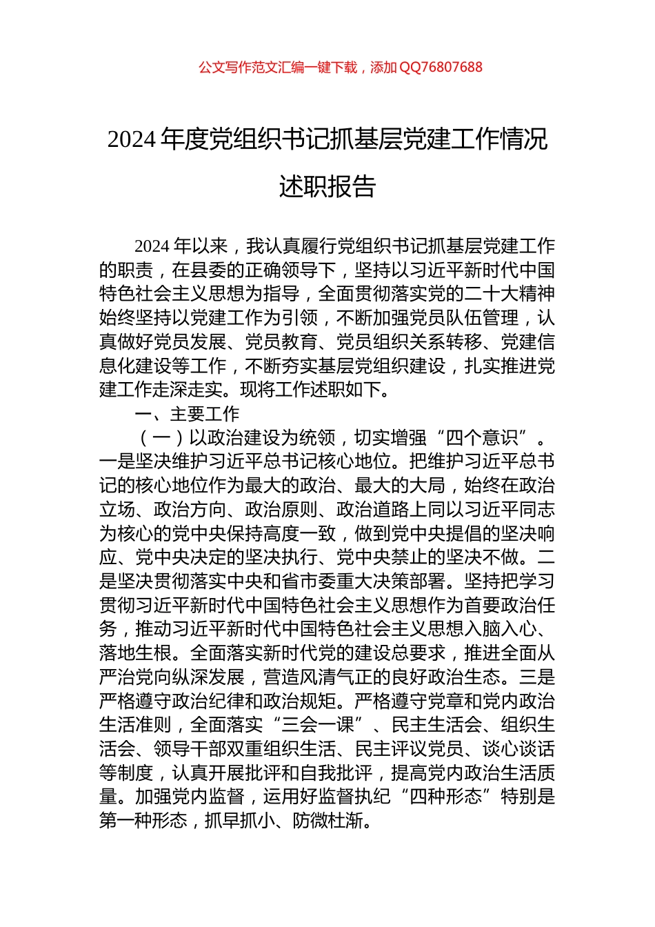 2024年度党组织书记抓基层党建工作情况述职报告_第1页
