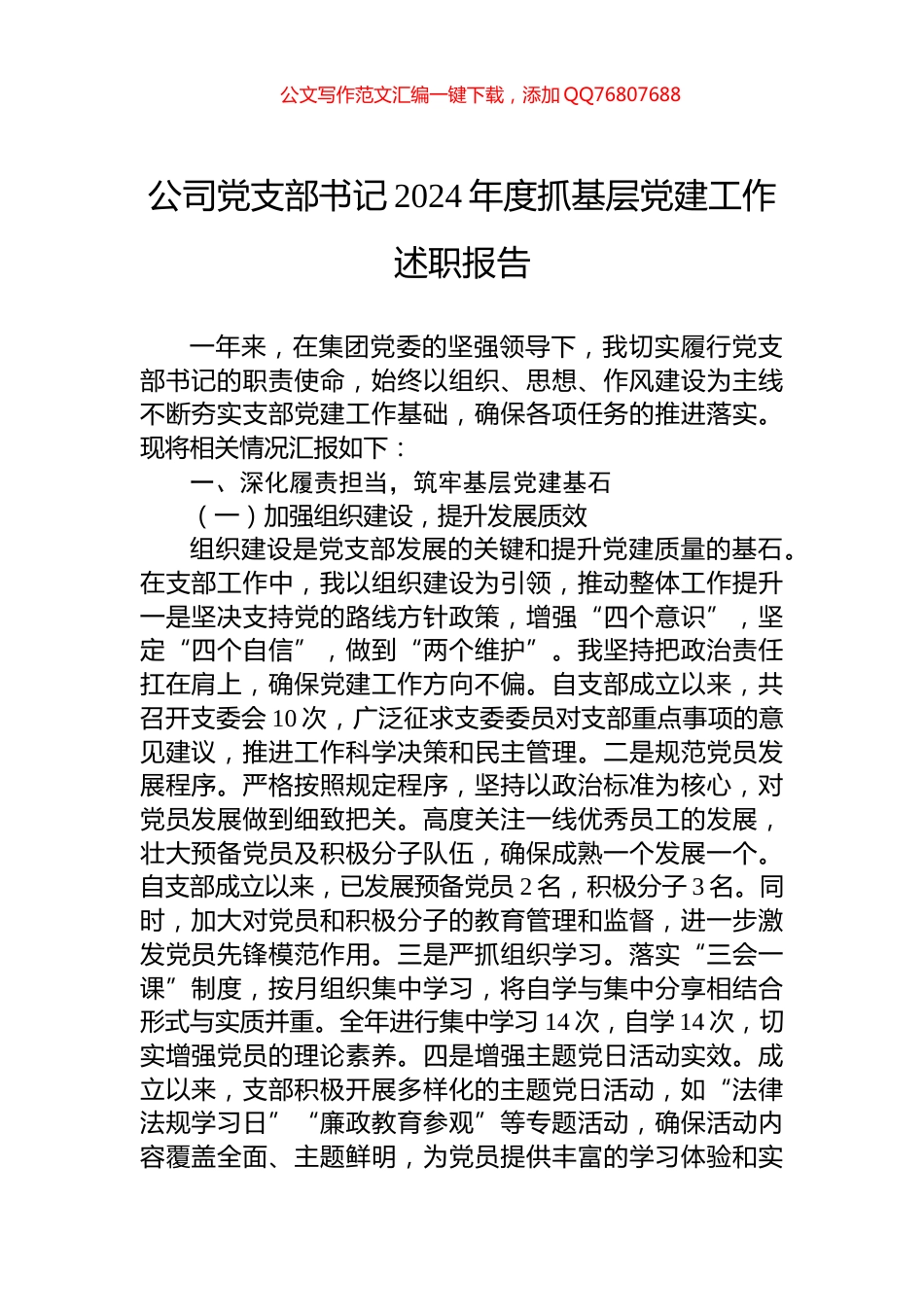 公司党支部书记2024年度抓基层党建工作述职报告_第1页