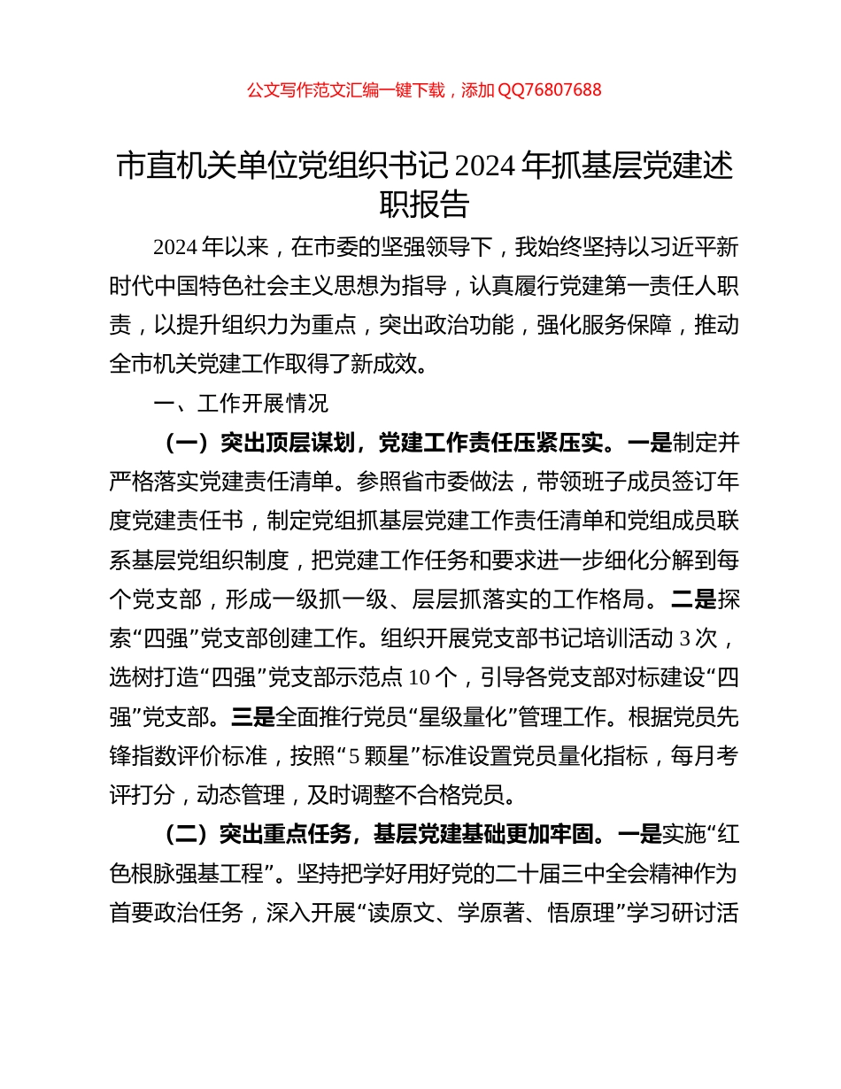 市直机关单位党组织书记2024年抓基层党建述职报告_第1页