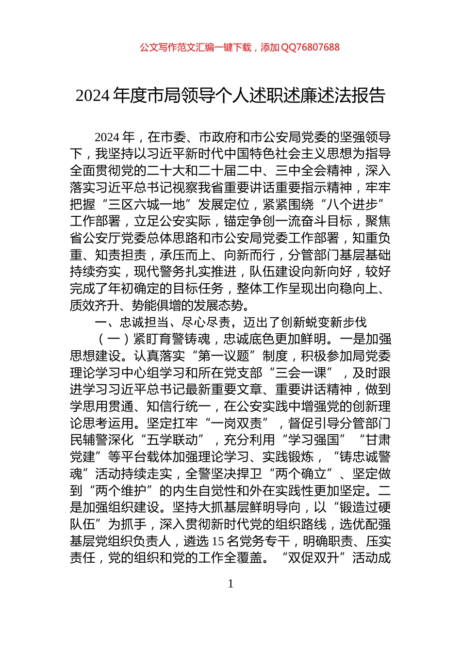 2024年度市局领导个人述职述廉述法报告_第1页