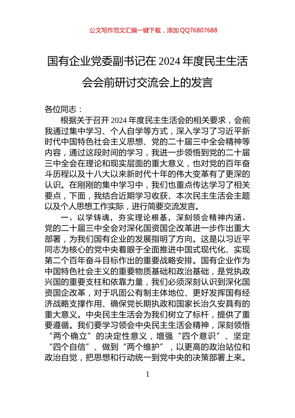 国有企业党委副书记在2024年度民主生活会会前研讨交流会上的发言_第1页