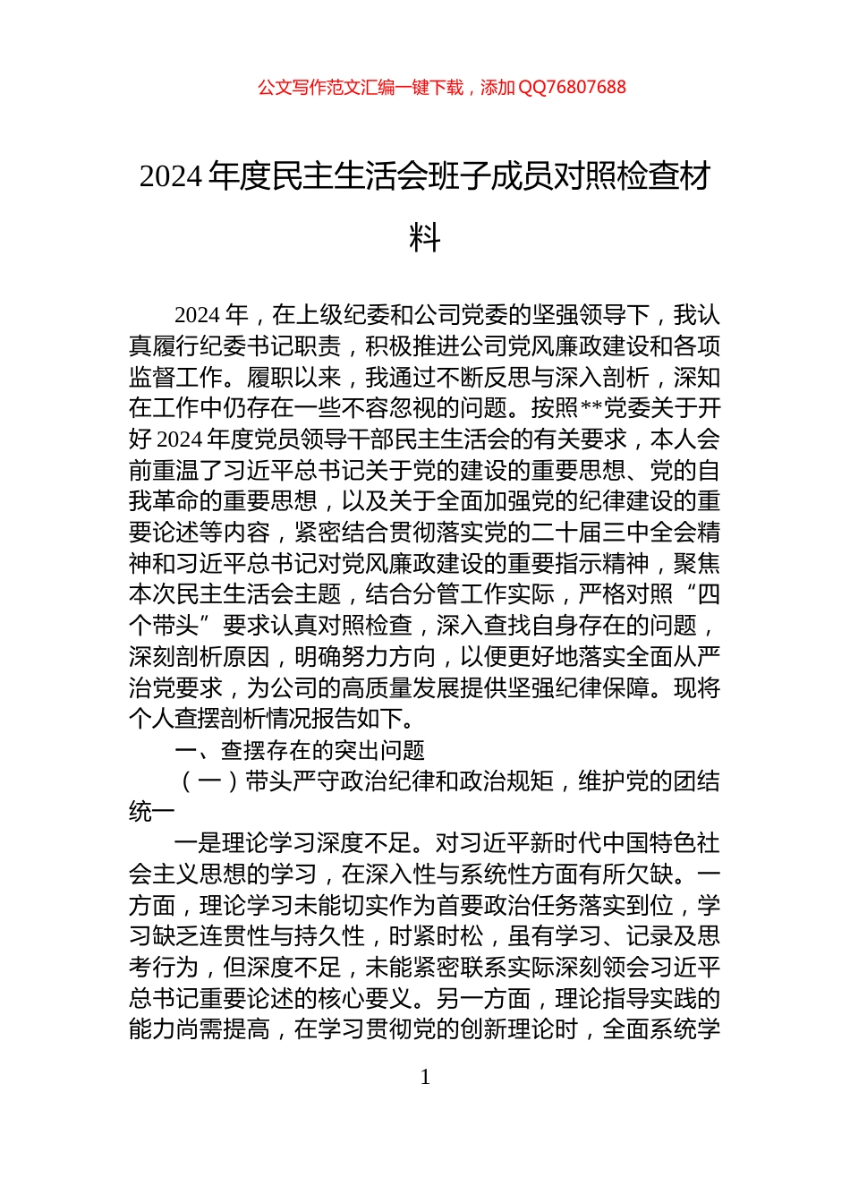 2024年度民主生活会班子成员对照检查材料_第1页