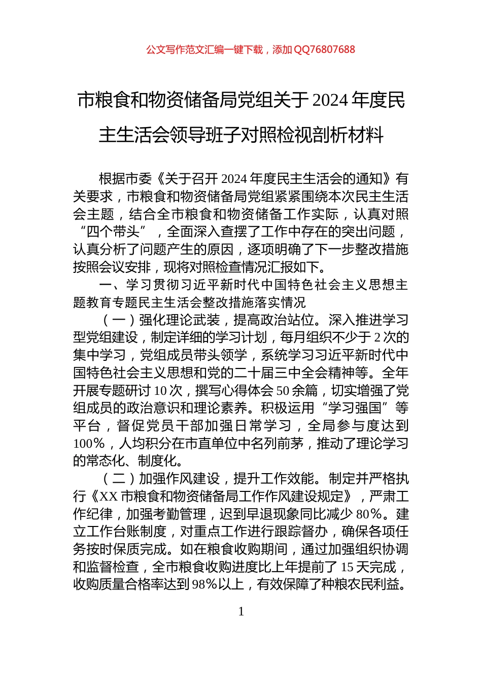 市粮食和物资储备局党组关于2024年度民主生活会领导班子对照检视剖析材料_第1页