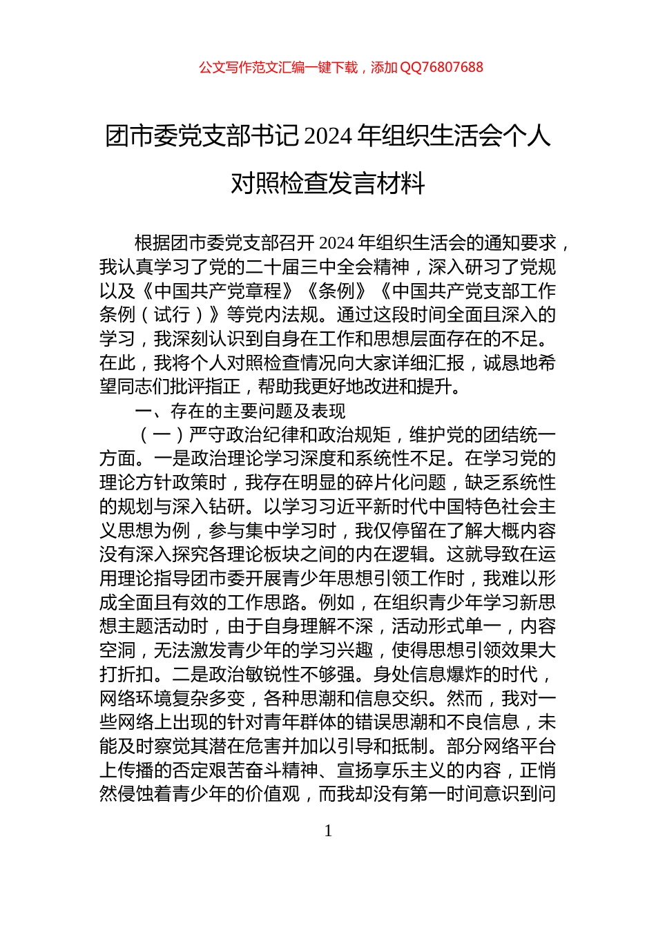 团市委党支部书记2024年组织生活会个人对照检查发言材料_第1页