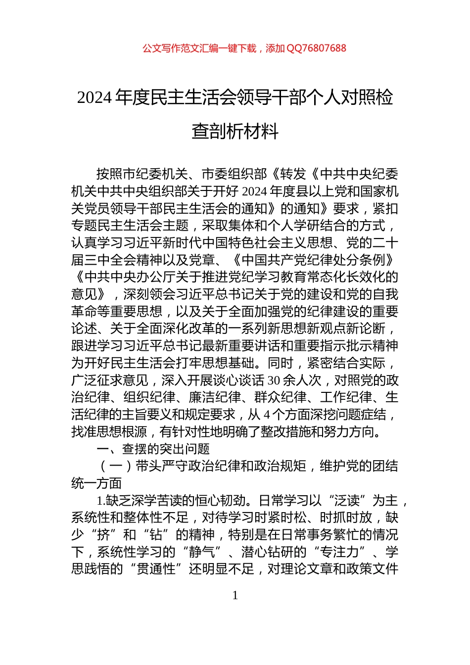 2024年度民主生活会领导干部个人对照检查剖析材料_第1页
