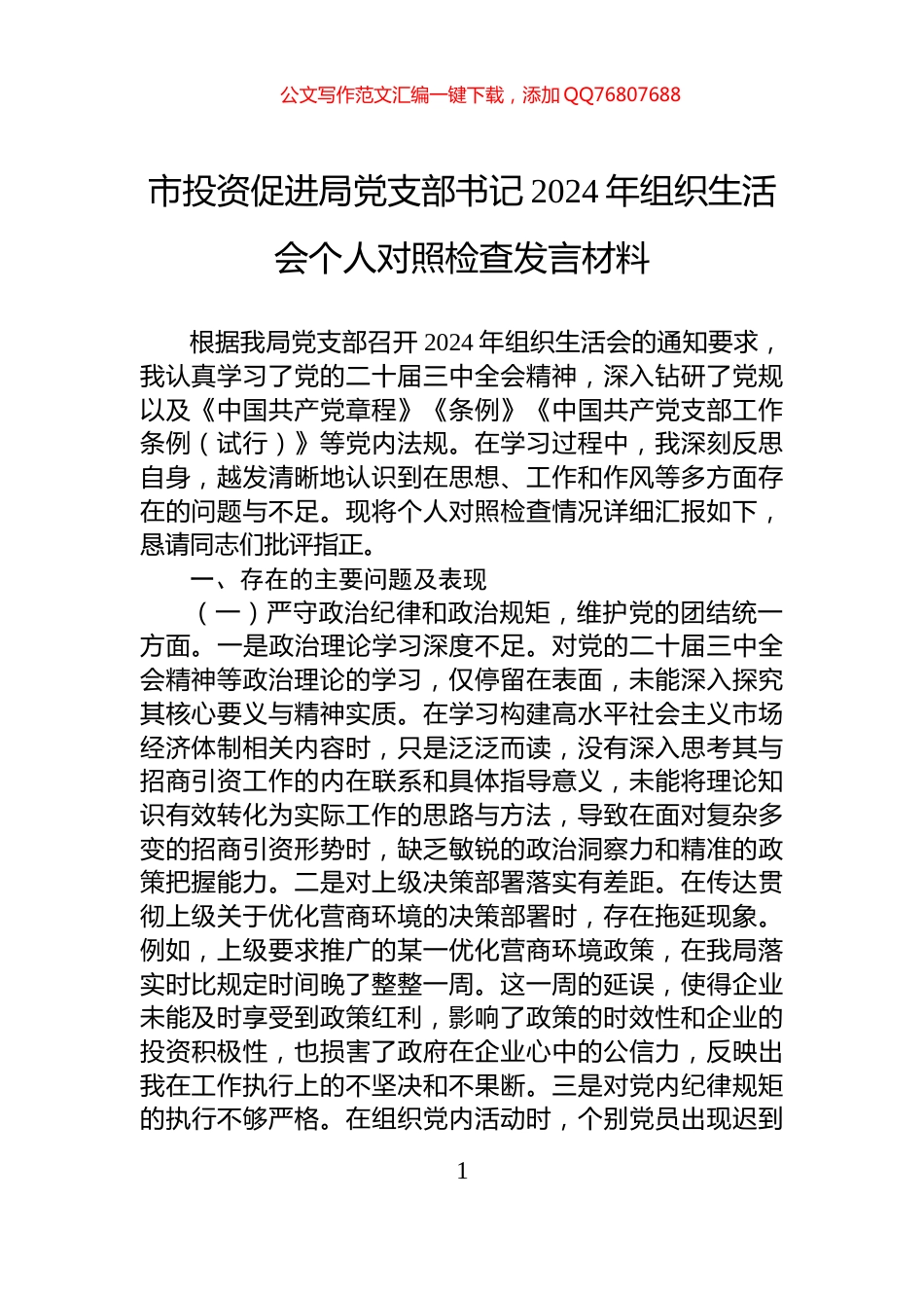 市投资促进局党支部书记2024年组织生活会个人对照检查发言材料_第1页