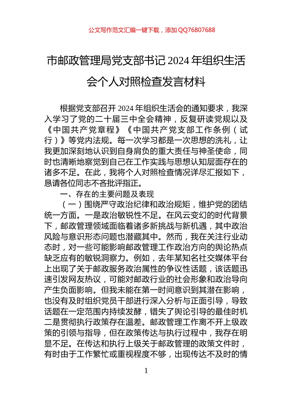 市邮政管理局党支部书记2024年组织生活会个人对照检查发言材料_第1页
