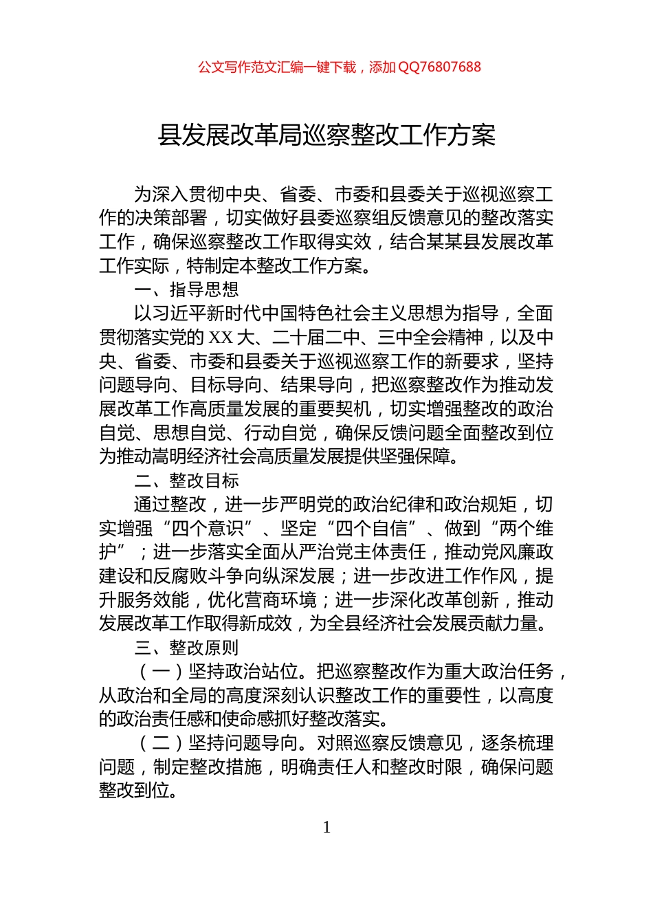 县发展改革局巡察整改工作方案_第1页