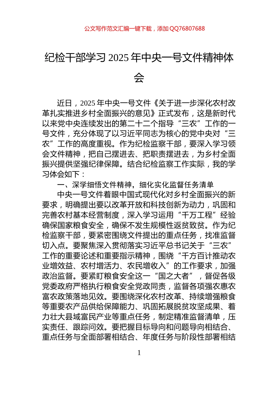 纪检干部学习2025年中央一号文件精神体会_第1页