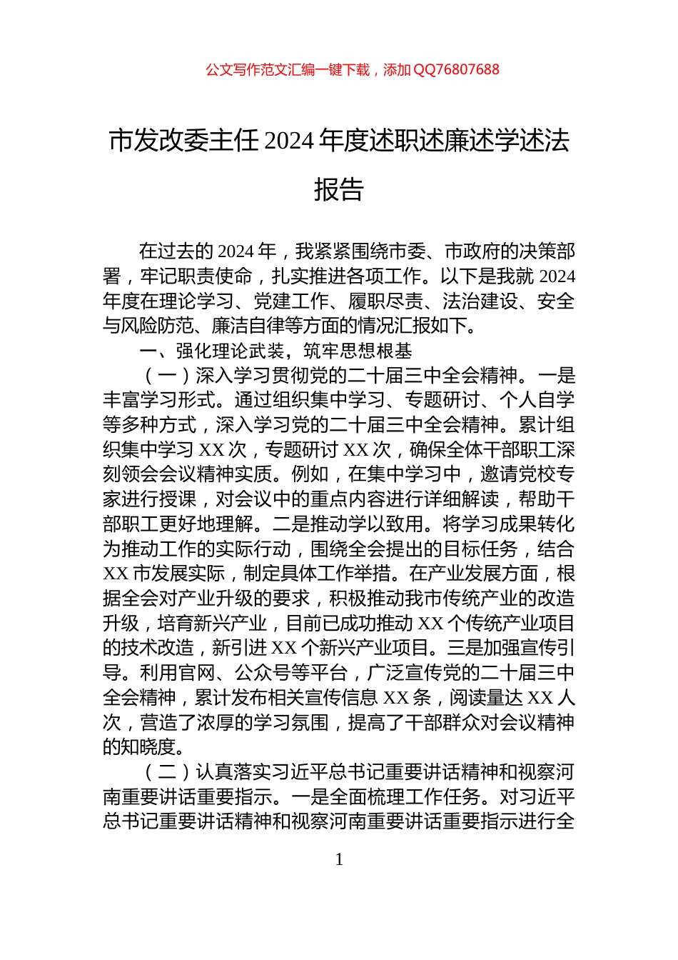 市发改委主任2024年度述职述廉述学述法报告_第1页