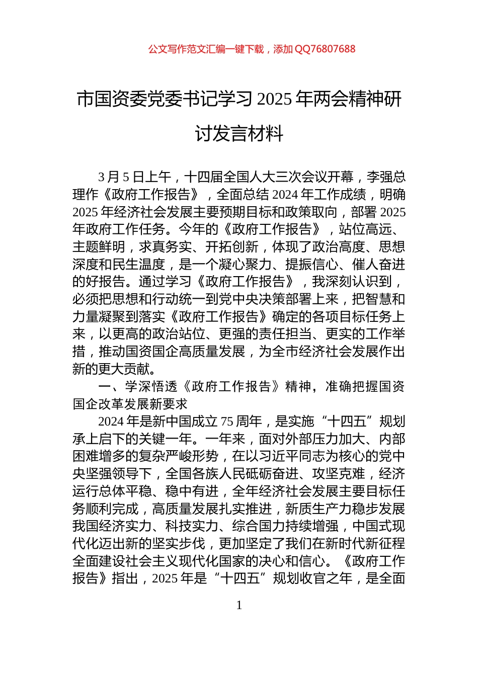 市国资委党委书记学习2025年两会精神研讨发言材料_第1页